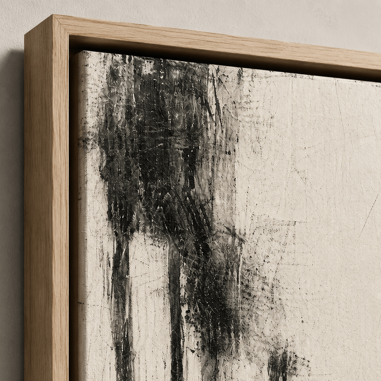 Abstract Tree Painting – Winter Grove, framed in natural oak, black and white original by Rossetti Art