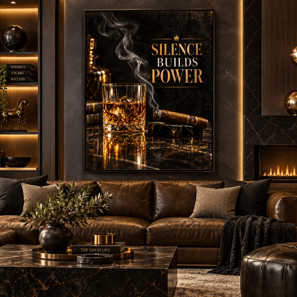 Bar wall art – whiskey and cigar acrylic print with gold Silence Builds Power lettering styled in a room by Rossetti Art
