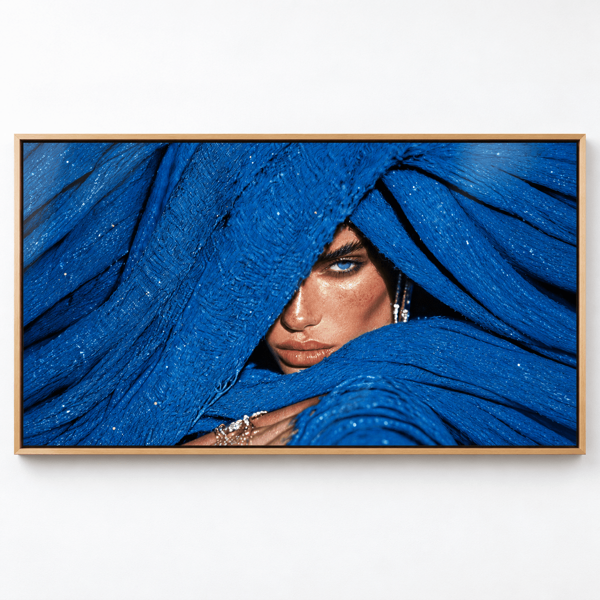 Blue wall art – horizontal royal blue fashion portrait acrylic print, front view, by Rossetti Art