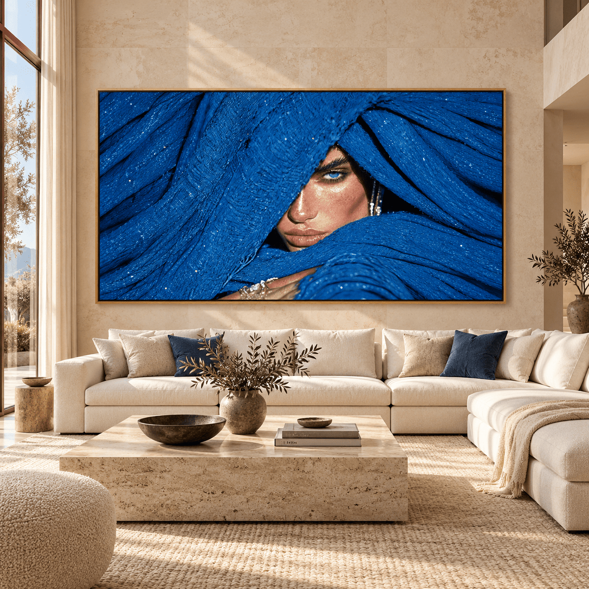 Blue wall art – royal blue portrait acrylic print above a sofa in a bright luxury living room by Rossetti Art