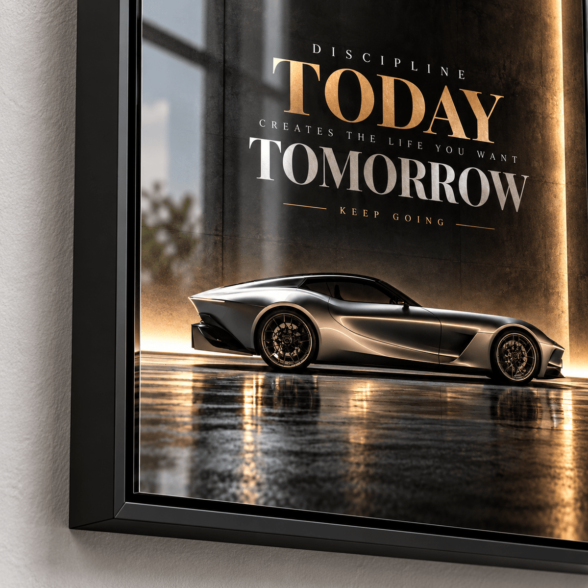 Car wall art – silver supercar acrylic print in a black frame above a desk in a home office by Rossetti Art