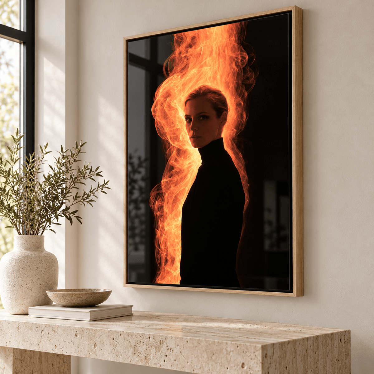 Fire Wall Art Acrylic Print – Ember Profile by Rossetti Art above a stone console table