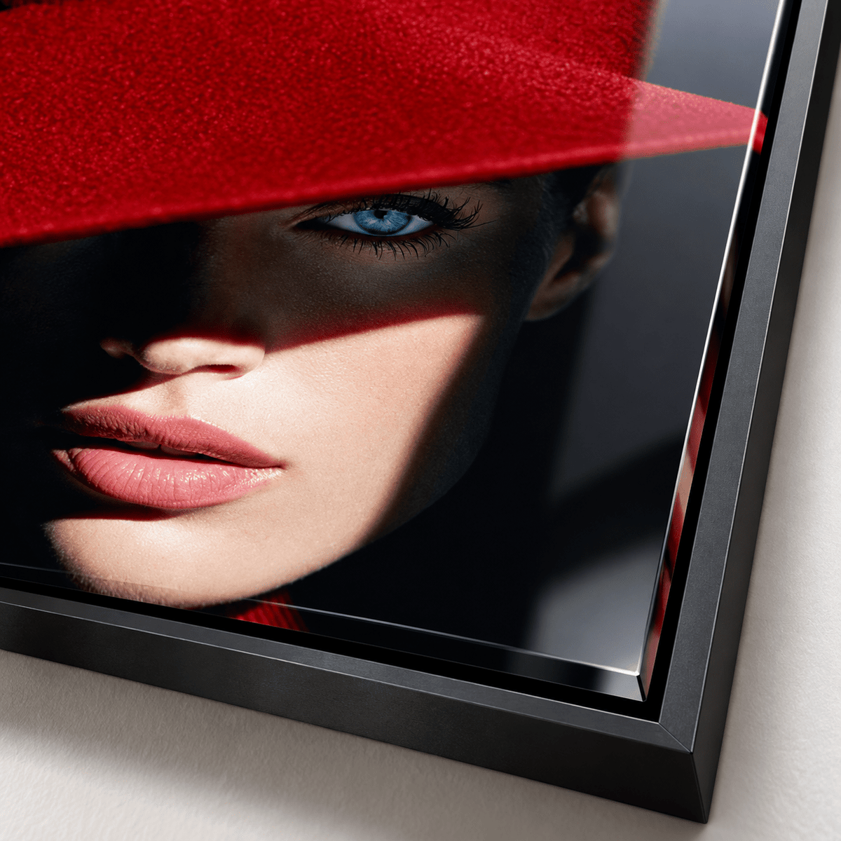 Lips Wall Art – Scarlet Gaze close-up of the black frame corner by Rossetti Art