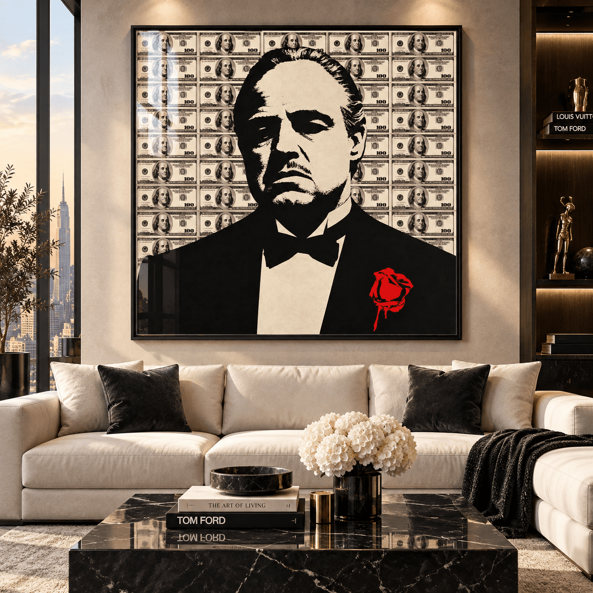 Mafia Wall Art – Square Acrylic Print above a sofa in a luxury living room by Rossetti Art