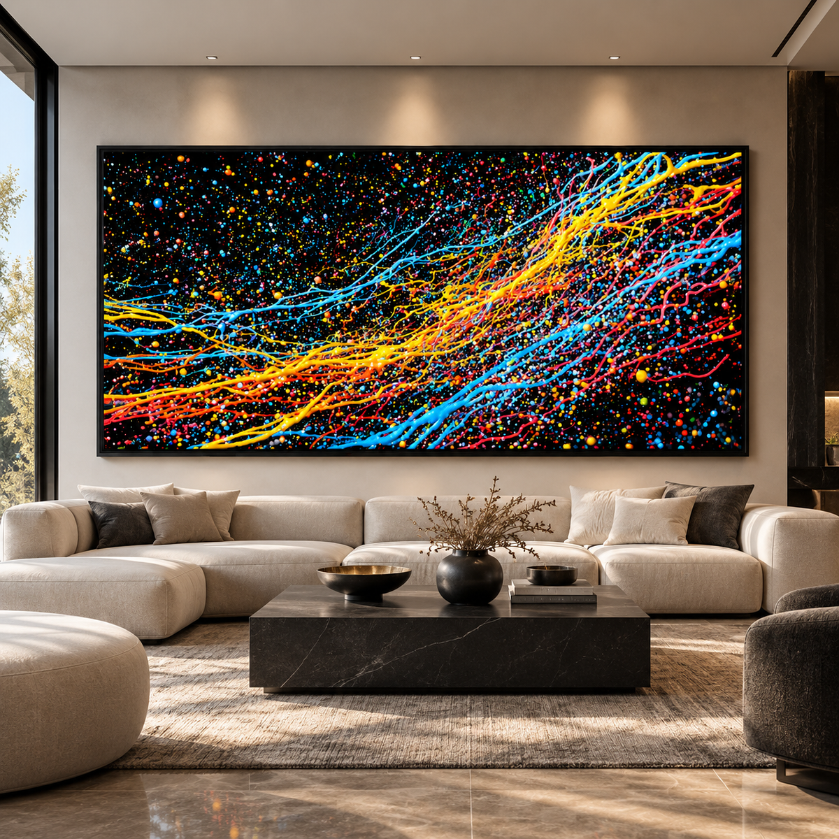 Paint splatter wall art acrylic print with floating frame in a modern luxury living room – Chromatic Burst by Rossetti Art