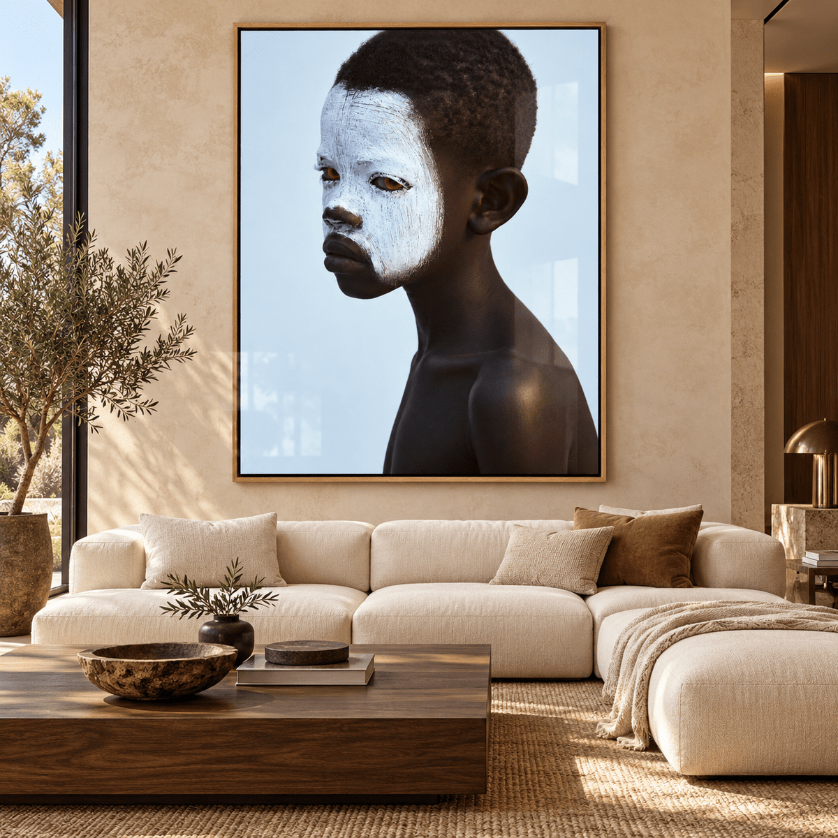 Photographic Portrait Art – Chalk Gaze acrylic print above an ivory sofa by Rossetti Art