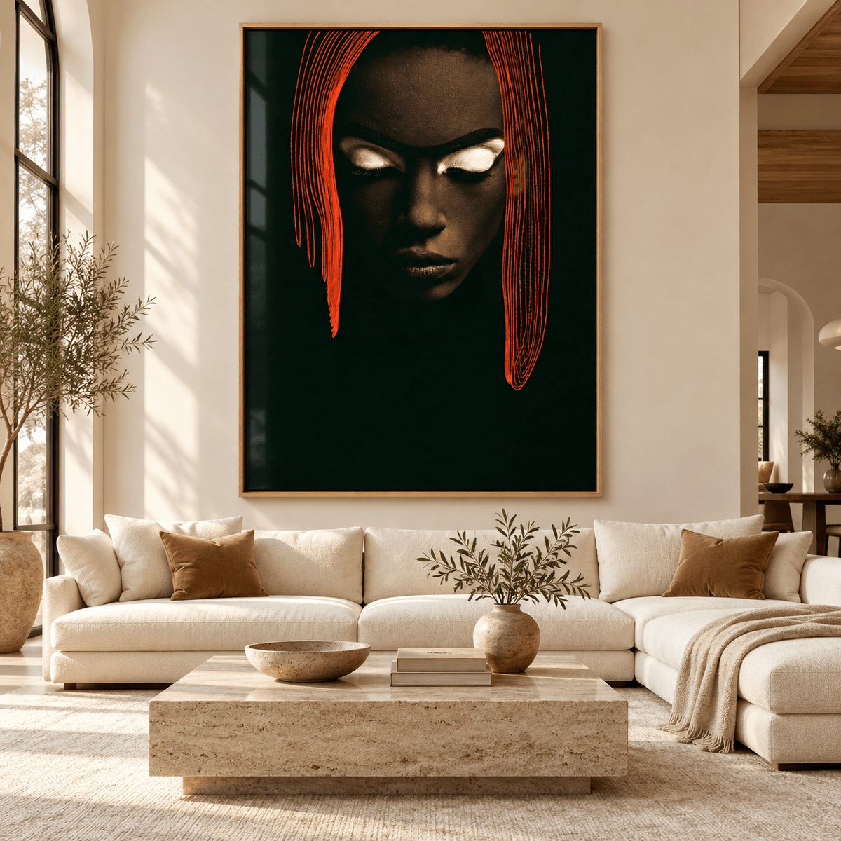 Red line art acrylic print Red Thread above an ivory sofa – Rossetti Art
