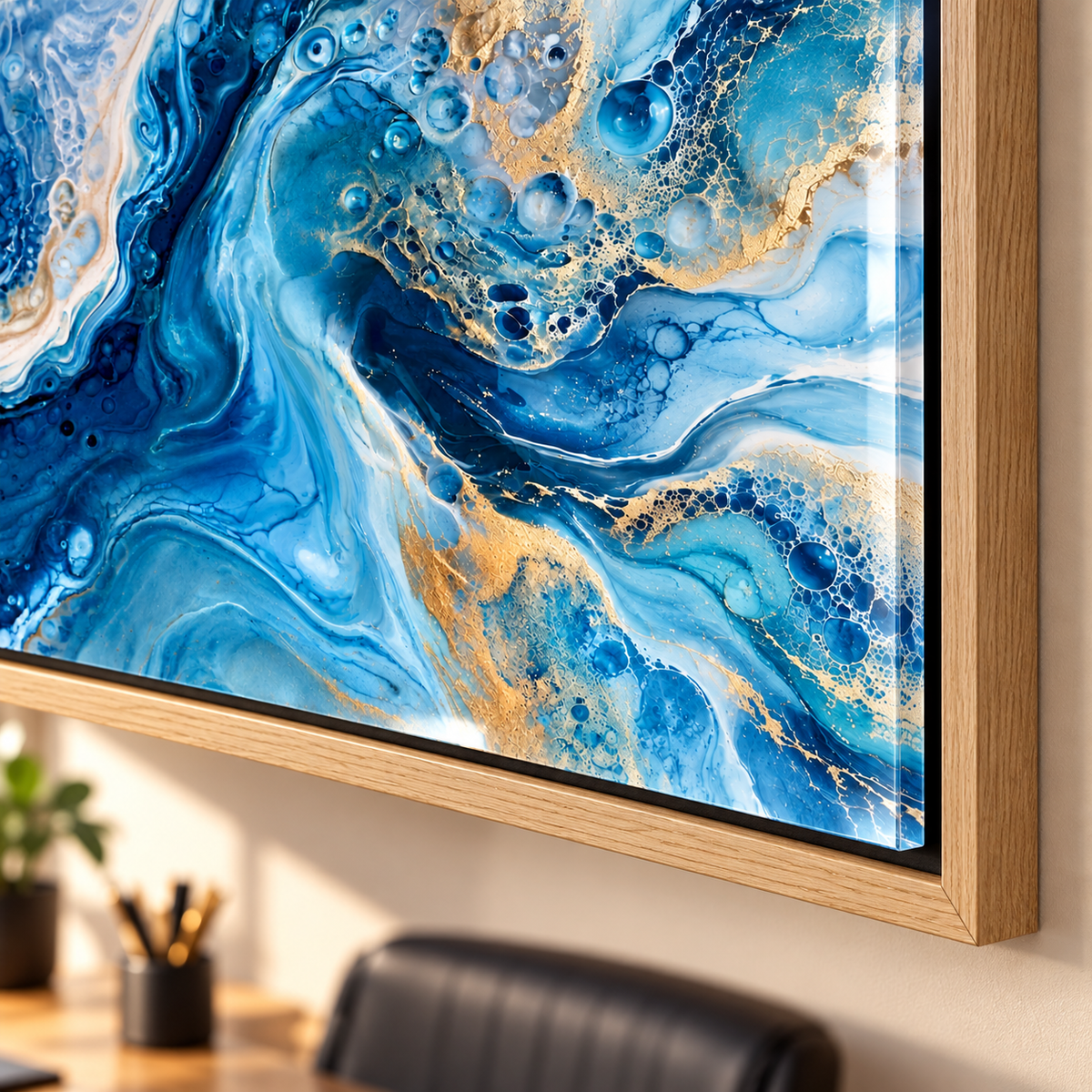 Resin wall art – close-up of the glossy blue and gold acrylic surface and frame corner by Rossetti Art