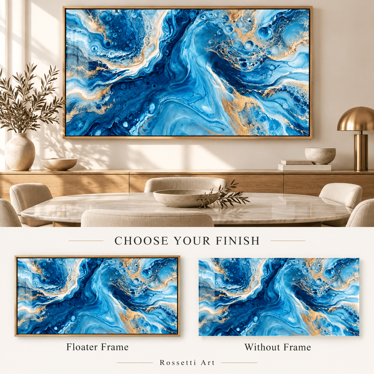 Resin wall art – choose your finish, framed or without frame, blue and gold acrylic print by Rossetti Art