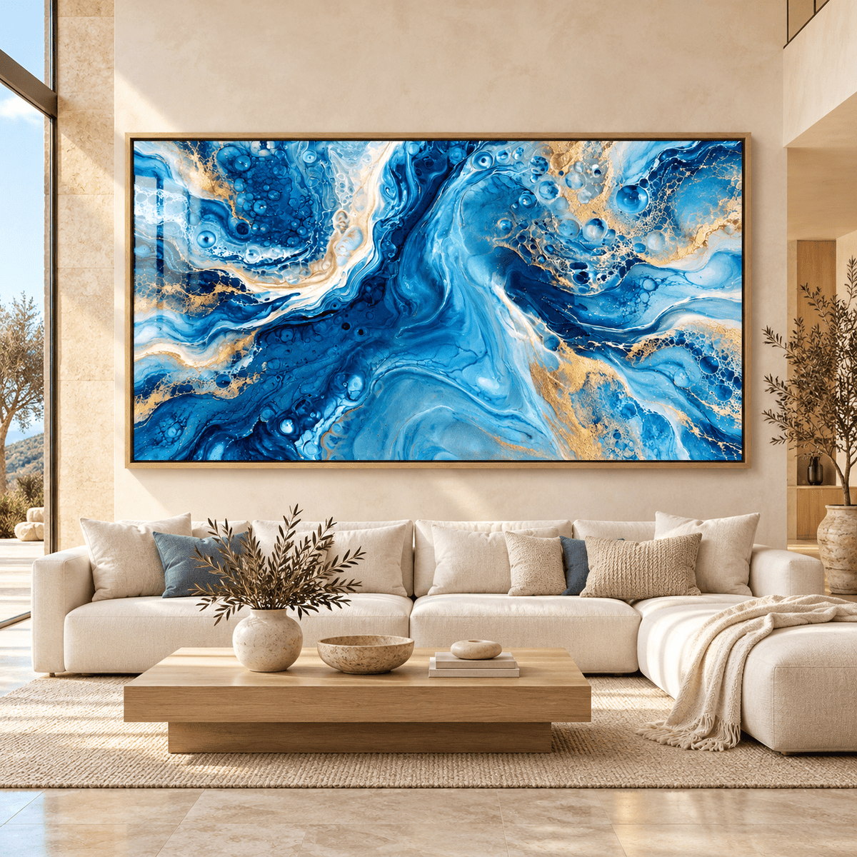 Resin wall art – blue and gold fluid acrylic print above a sofa in a bright modern living room by Rossetti Art