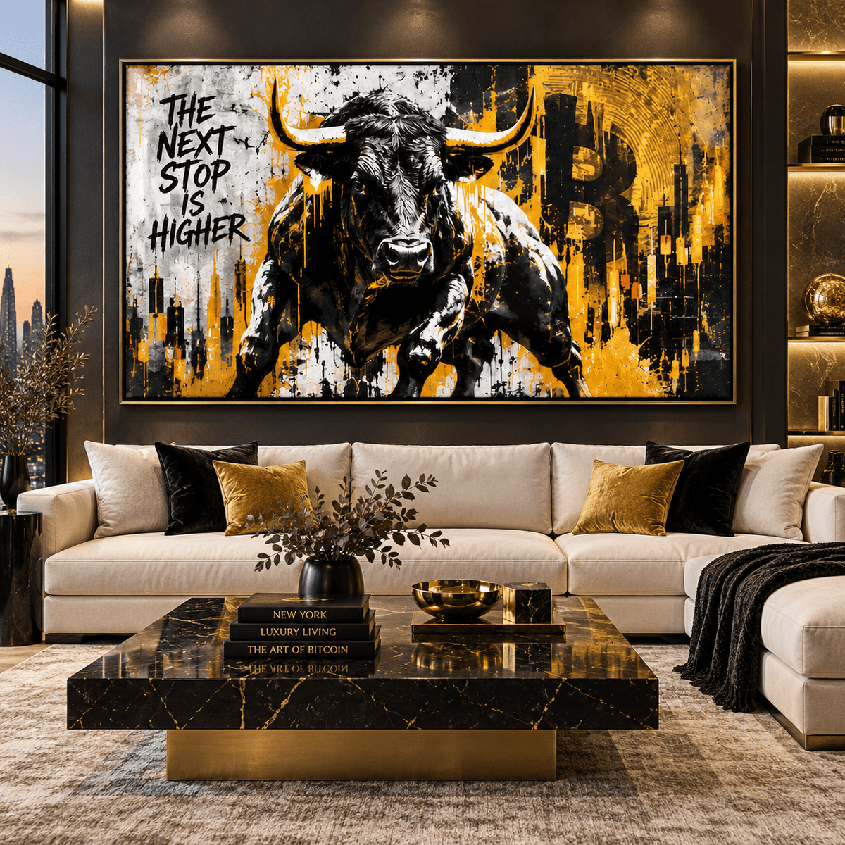 Stock market wall art – black and gold charging bull acrylic print over candlestick charts, front view, by Rossetti Art