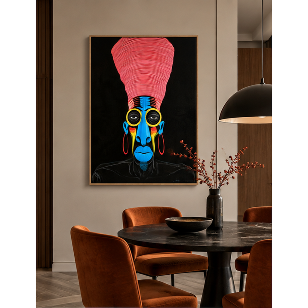 Colorful pop art wall art canvas with oak floater frame in a modern dining room – Azure Gaze by Rossetti Art