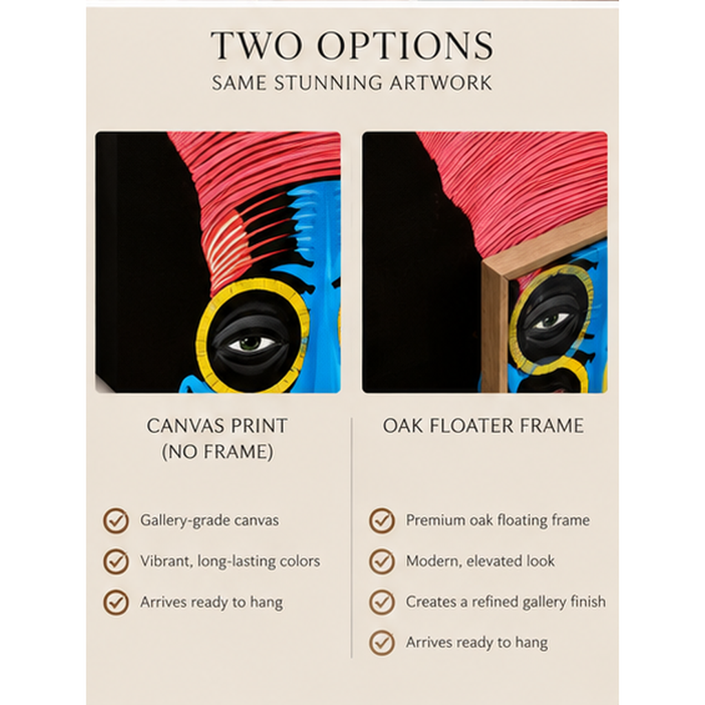 Comparison of Azure Gaze canvas without frame and with oak floater frame – Rossetti Art