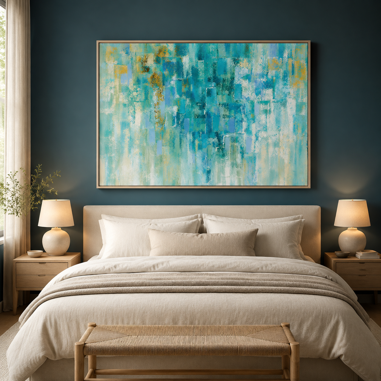 Turquoise and gold aqua wall art hung above a bed on a deep teal wall – Gilded Shallows by Rossetti Art
