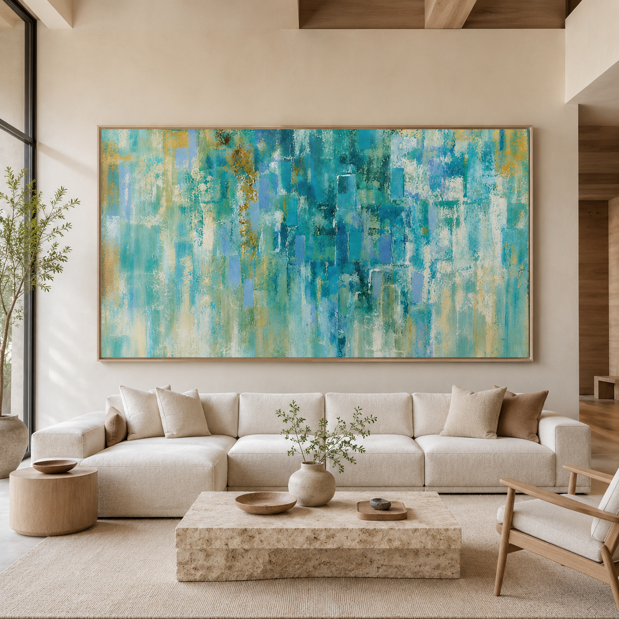 Large aqua wall art canvas above a linen sofa in a modern living room – Gilded Shallows by Rossetti Art