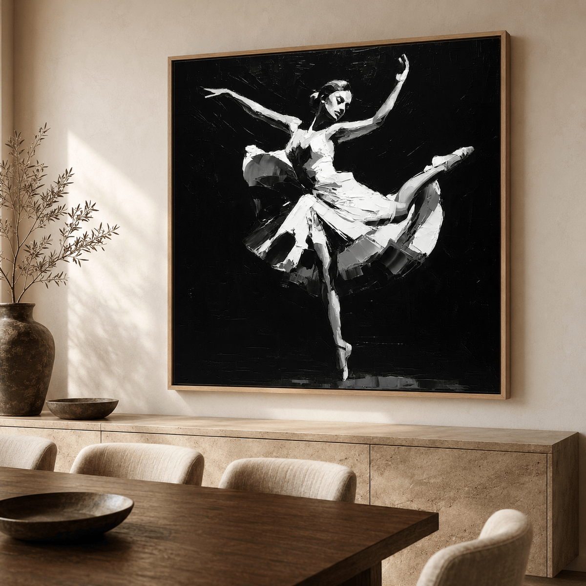 Ballerina painting in black and white palette knife texture above a dining room sideboard – Grand Jeté by Rossetti Art