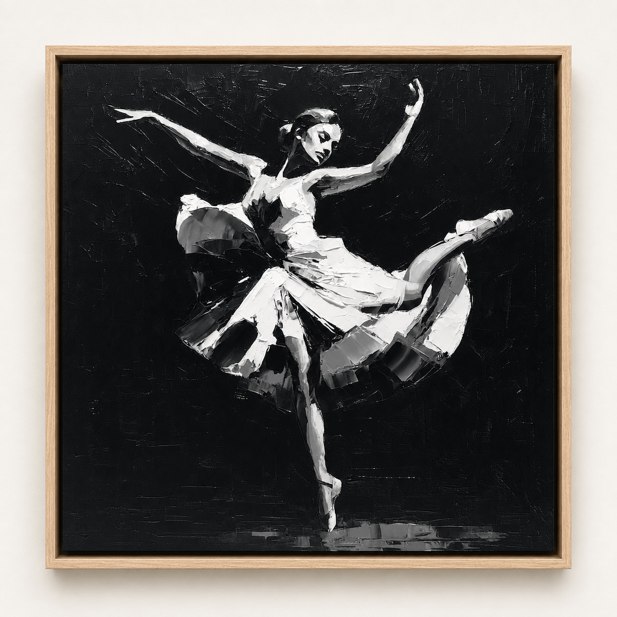 Ballerina painting mid-leap in black and white palette knife texture – Grand Jeté by Rossetti Art