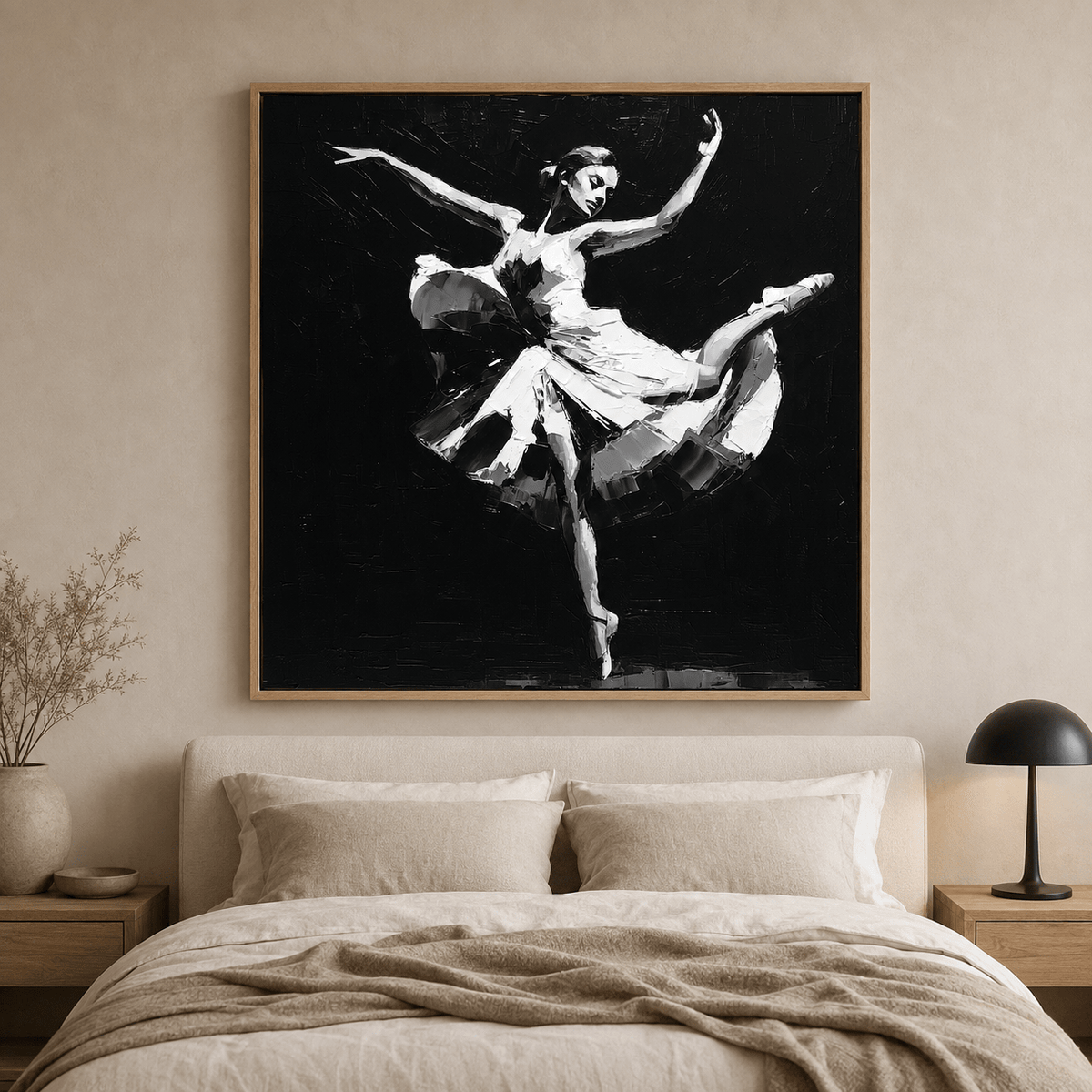 Ballerina painting in black and white palette knife texture above a bedroom bed – Grand Jeté by Rossetti Art
