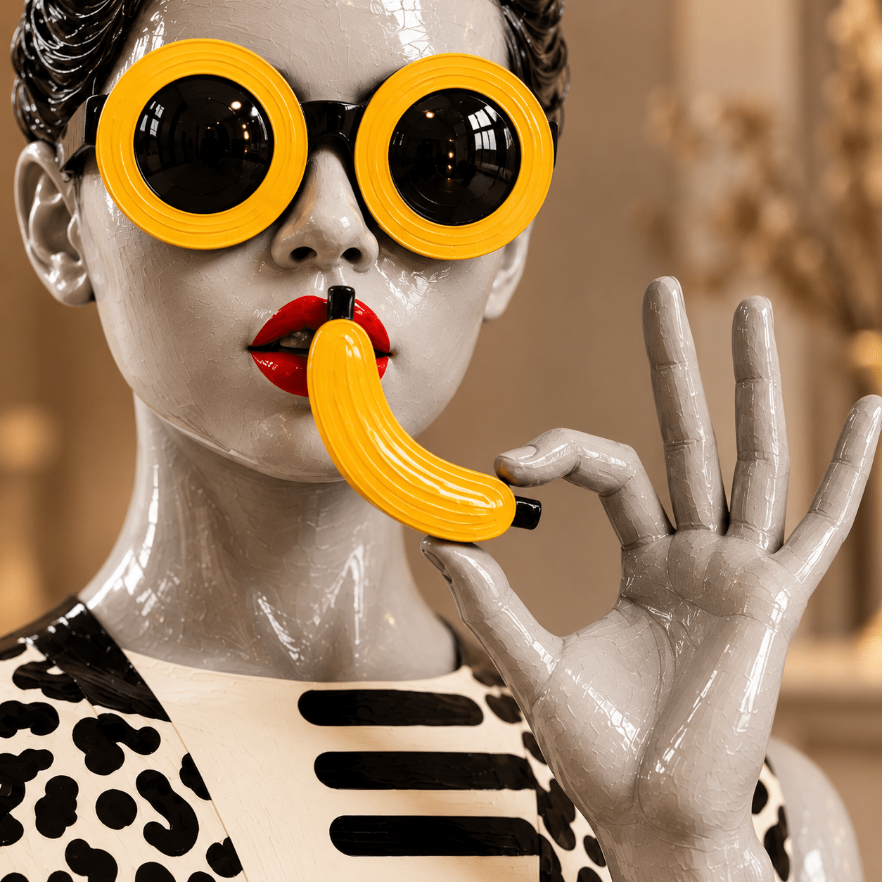 Close-up of the glossy resin finish and yellow banana detail on the Banana Woman pop art sculpture by Rossetti Art