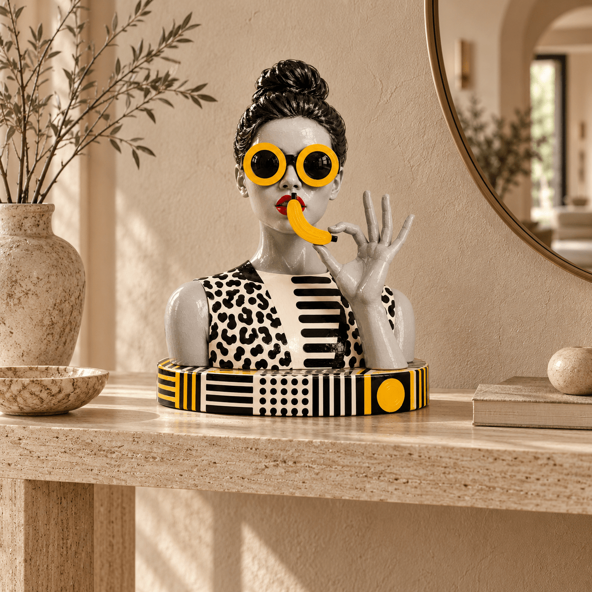 Banana sculpture displayed on an entryway console table – Banana Woman by Rossetti Art