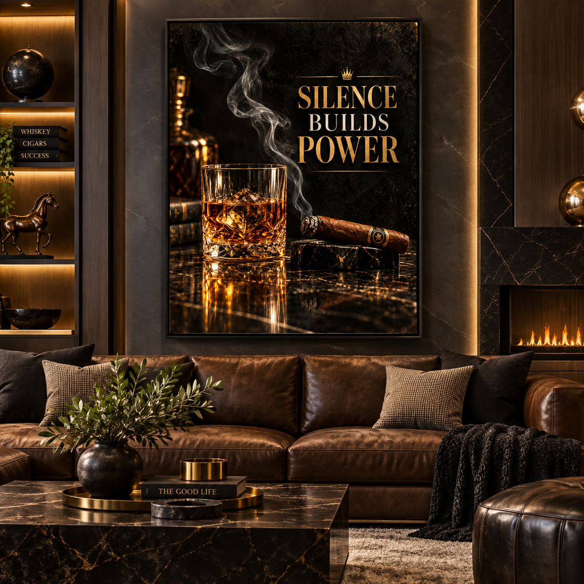 Bar wall art – whiskey and cigar acrylic print with gold Silence Builds Power lettering styled in a room by Rossetti Art