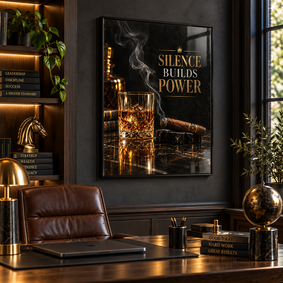 Bar wall art – vertical black and gold whiskey acrylic print hung in a styled interior by Rossetti Art
