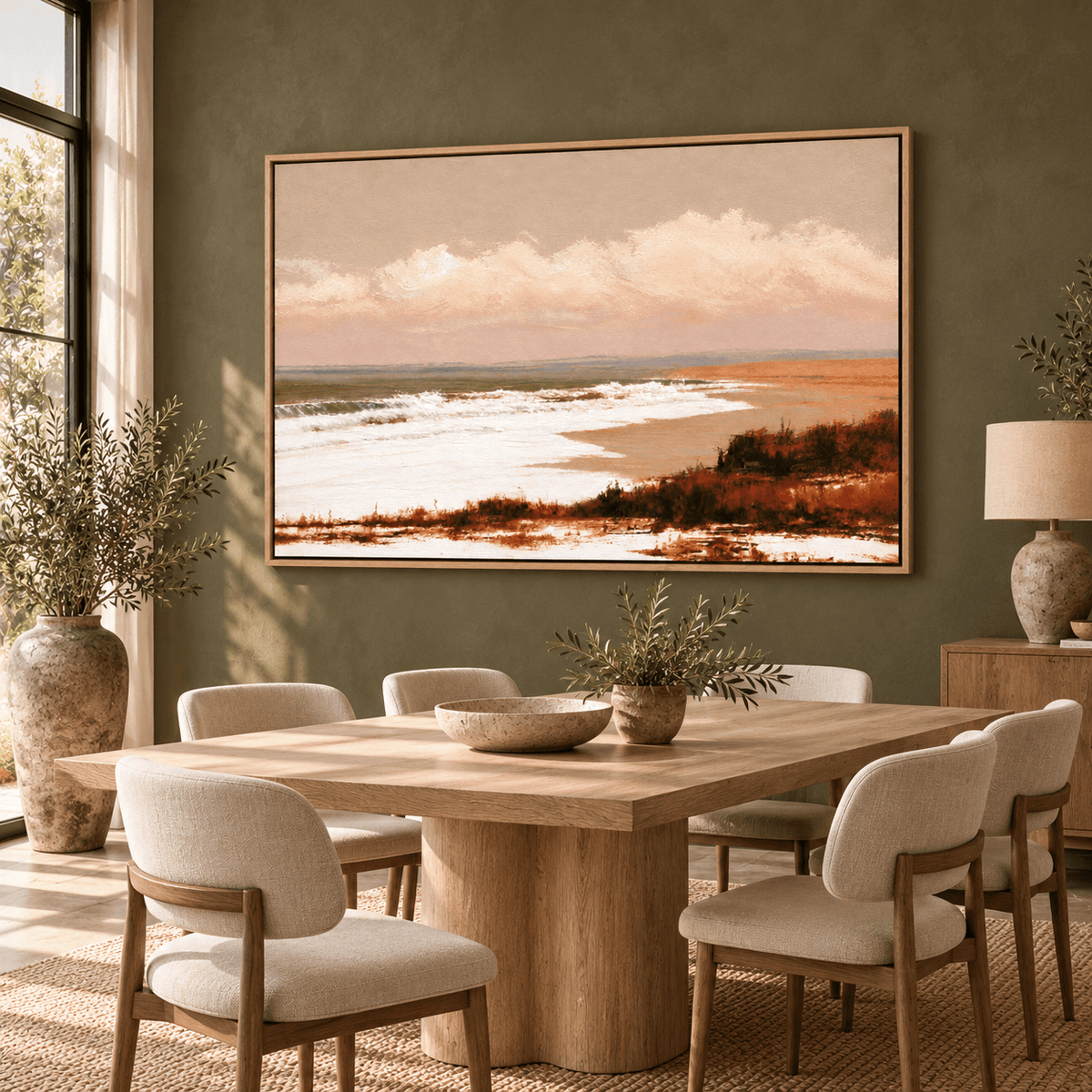 Beach painting above a dining room sideboard – Dune Light by Rossetti Art