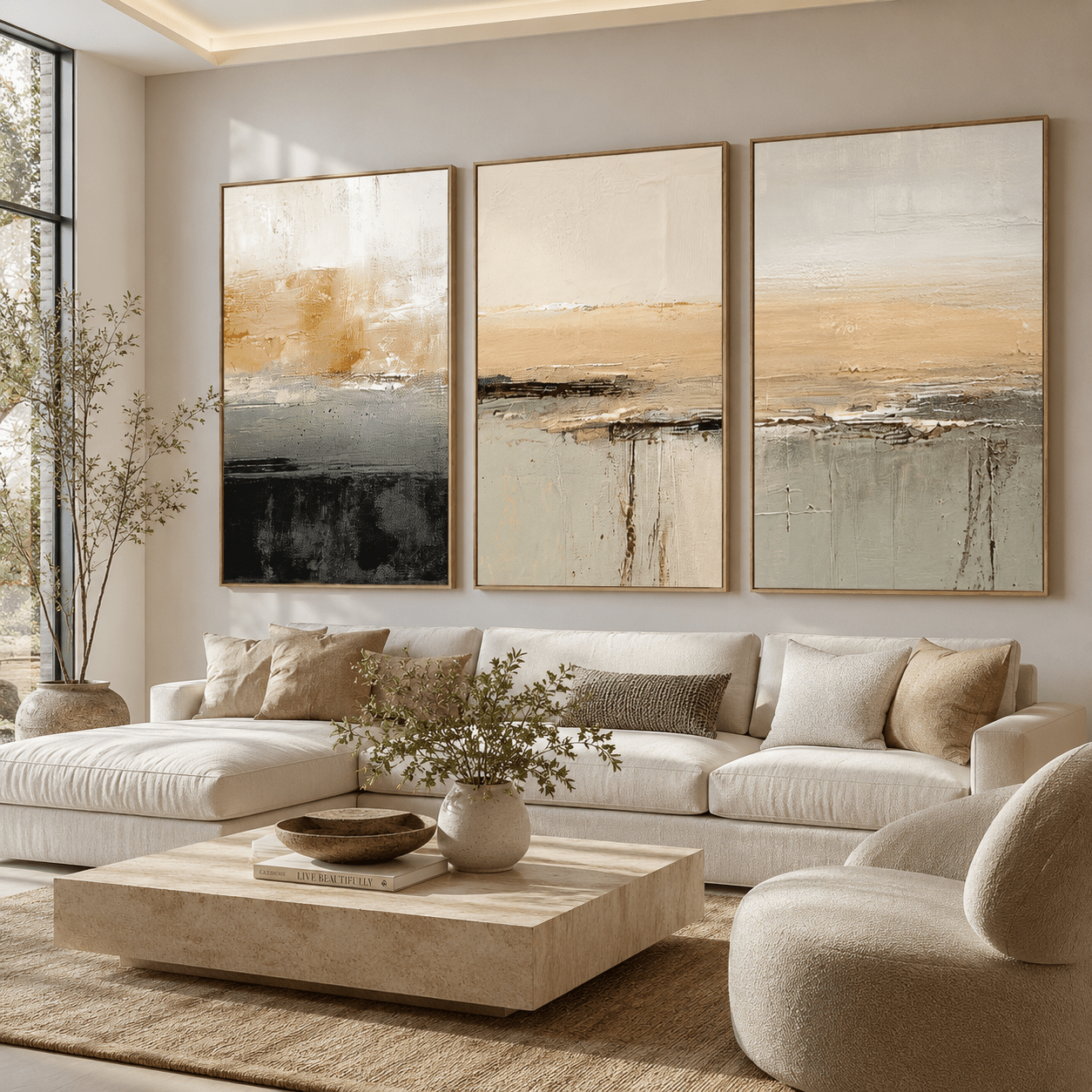 Beige Abstract Original Painting — Shore Set of 3 by Rossetti Art
