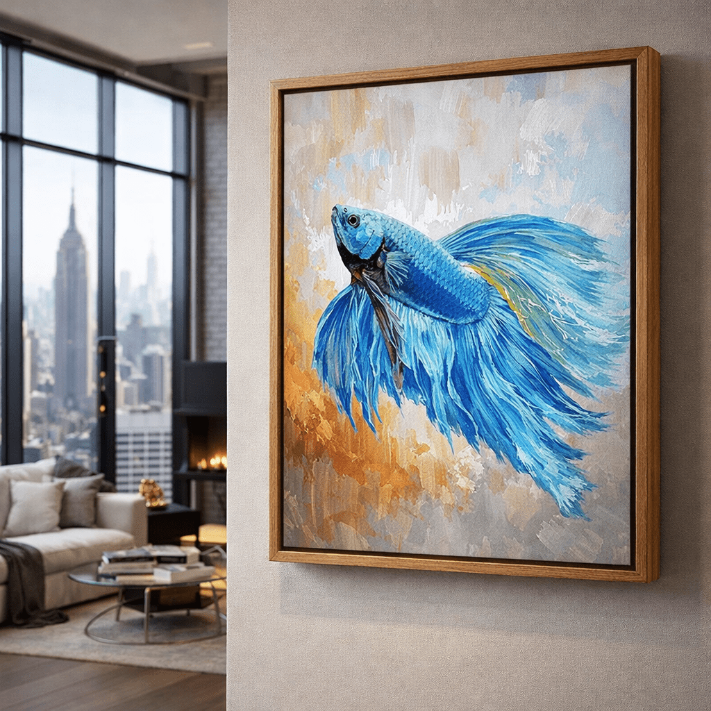 Betta Fish Painting on Canvas - Blue Betta in Flight modern abstract canvas wall art by Rossetti Art – luxury interior design artwork for living room, bedroom, office – one of a kind canvas Original Animal original artwork for living room