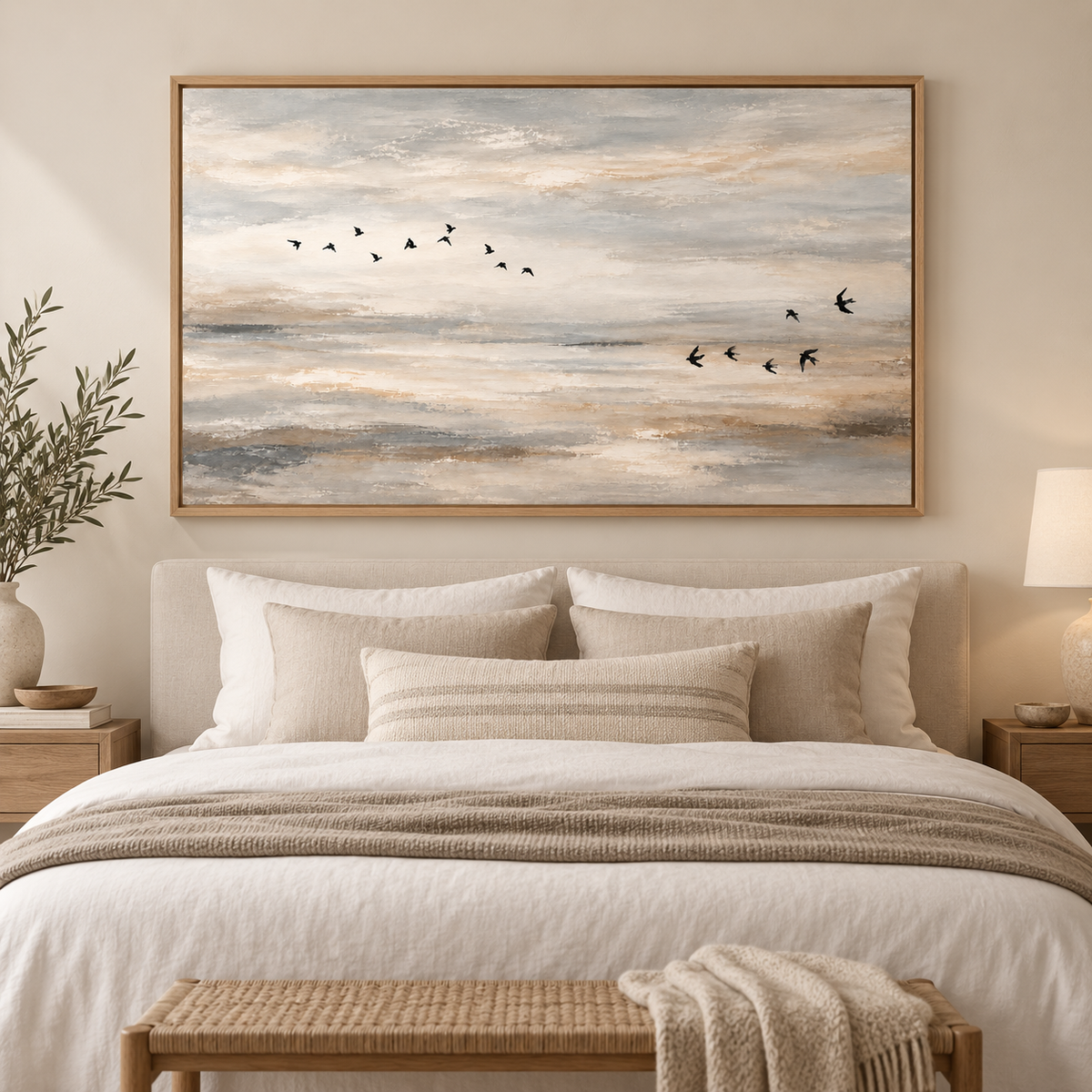 Birds in Flight Wall Art – Soft Passage canvas print above a bed in a neutral bedroom, by Rossetti Art