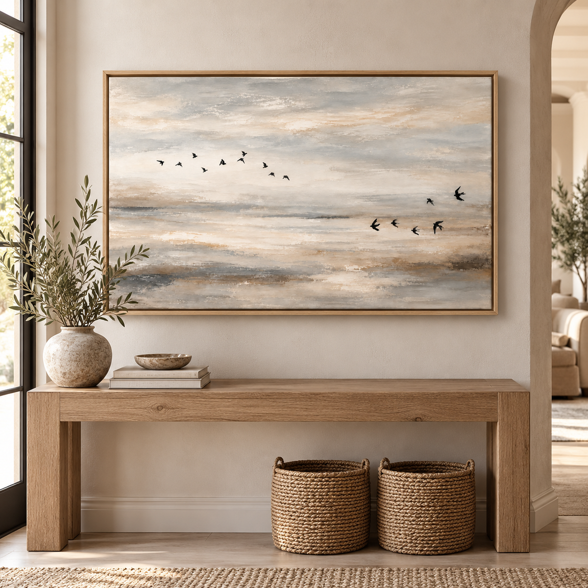 Birds in Flight Wall Art – Soft Passage canvas print above an entryway console, by Rossetti Art
