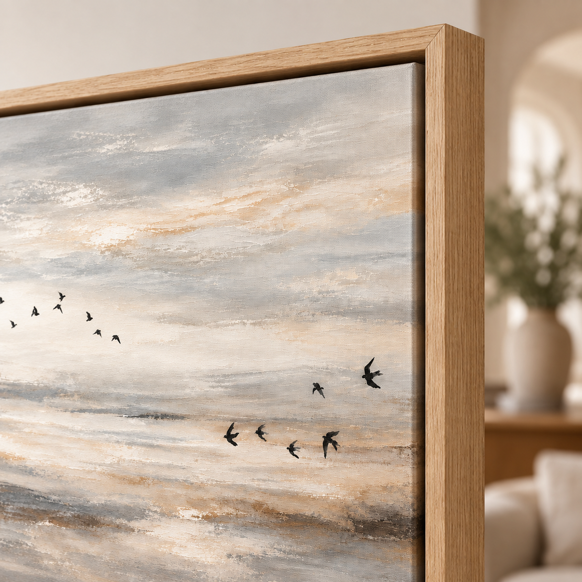 Birds in Flight Wall Art – Soft Passage close-up of the oak floater frame corner, by Rossetti Art