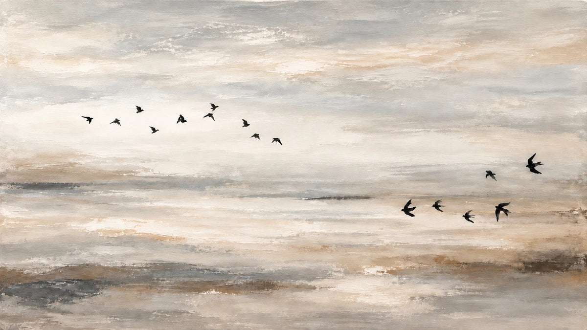 Birds in Flight Wall Art – Soft Passage horizontal canvas print by Rossetti Art, black birds over a cream, grey and sand sky