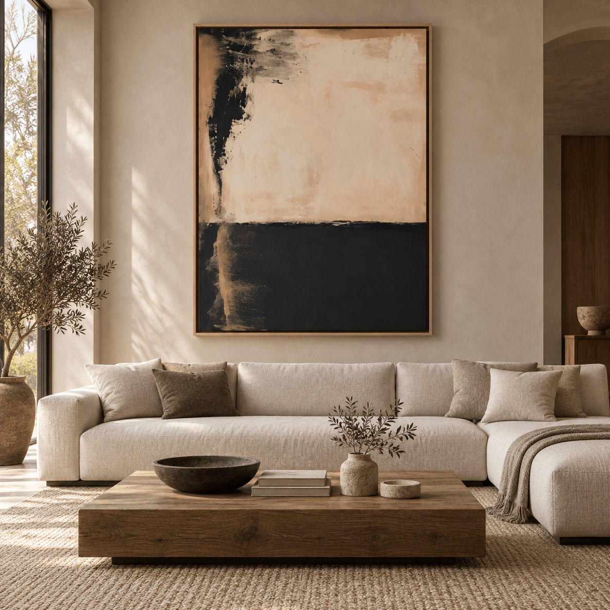 Black and beige painting – Ember Divide on a living room feature wall