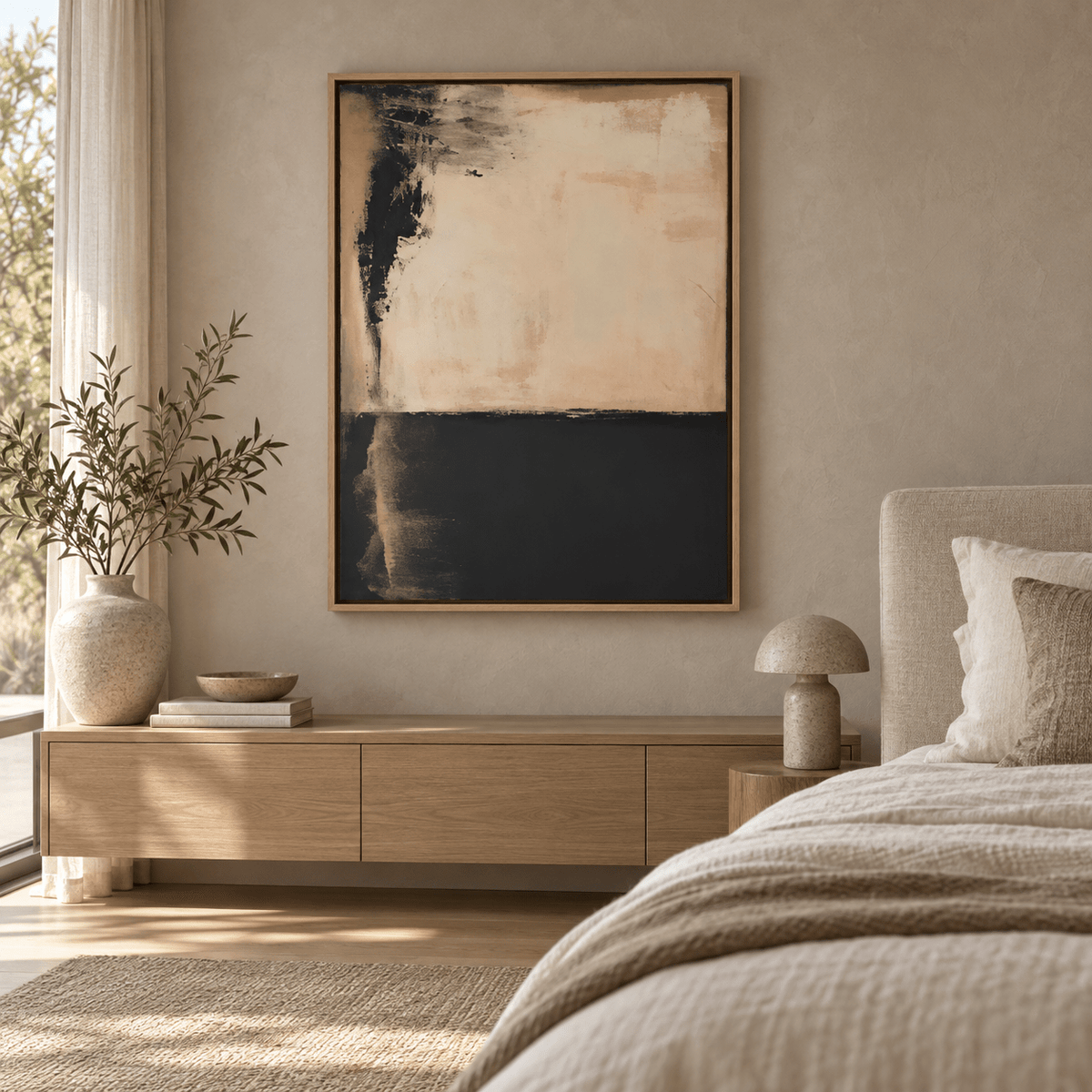 Black and beige painting – Ember Divide in a neutral bedroom