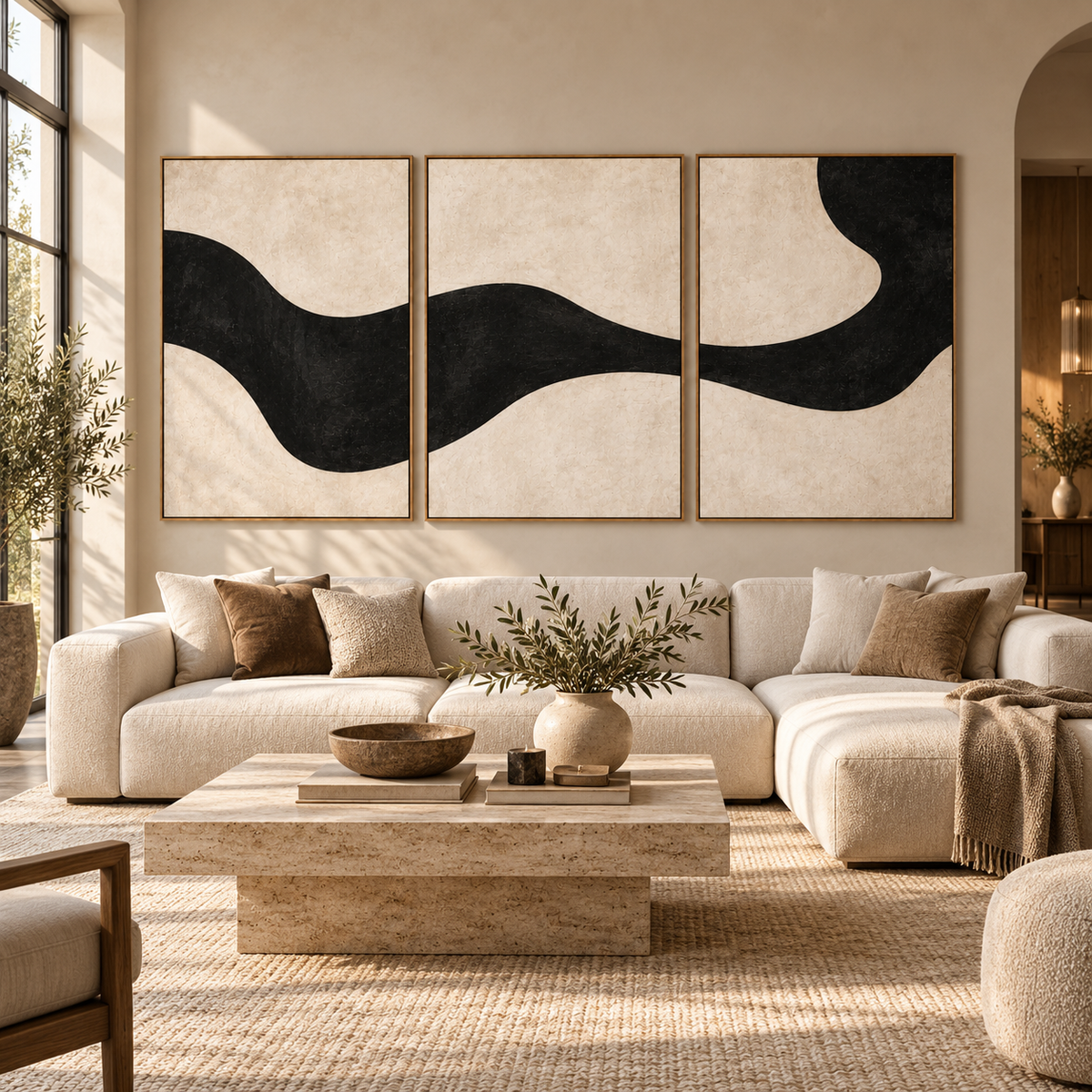 Black and Cream Abstract Art Set of 3 – Ink Ribbon by Rossetti Art