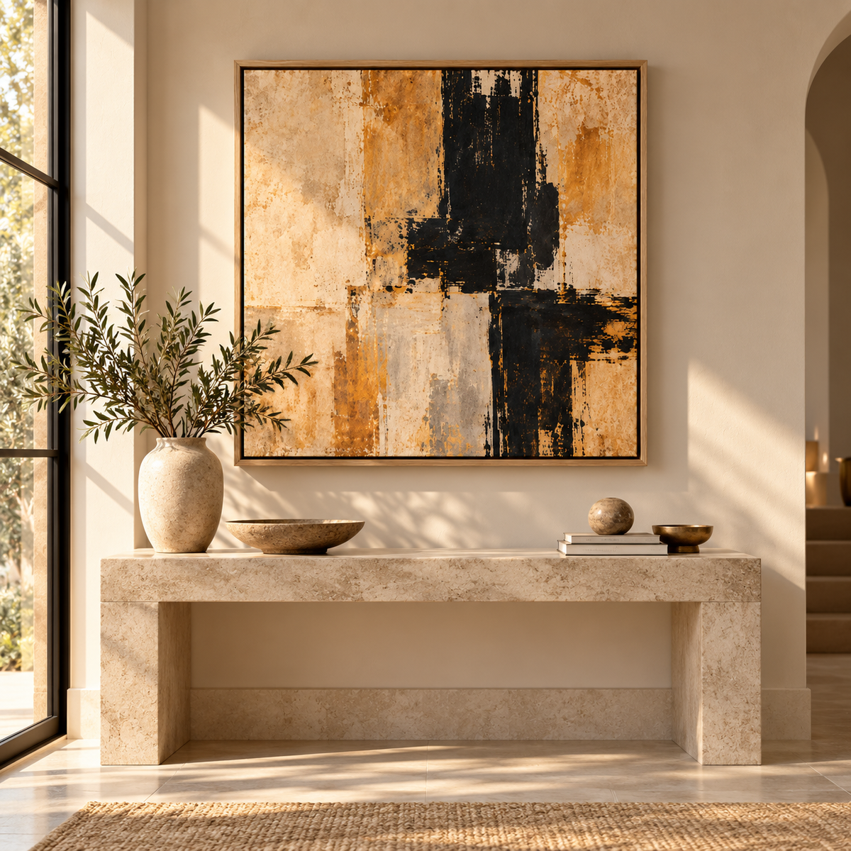 Black and Gold Abstract Painting – Rust & Ash by Rossetti Art