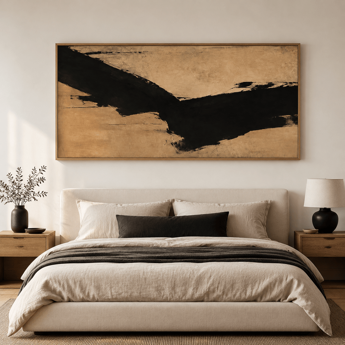 Black and gold abstract wall art with bold ink brushwork over aged-gold striations – Ink Ravine by Rossetti Art