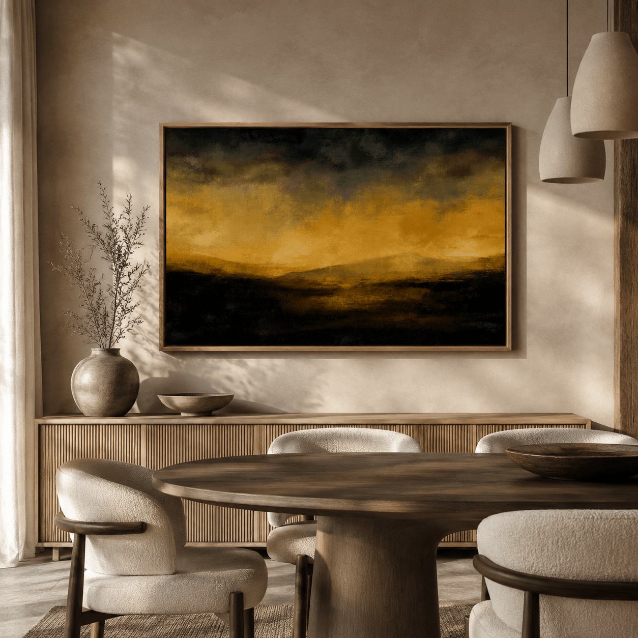 Black and gold landscape wall art — Ember Horizon framed canvas in a dining room