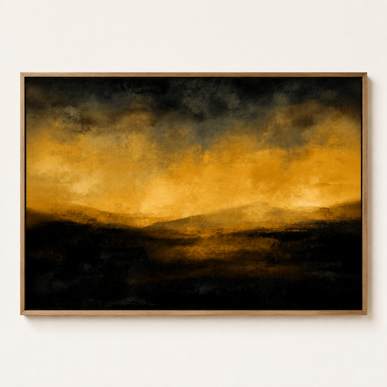 Black and gold landscape wall art — Ember Horizon framed canvas presentation