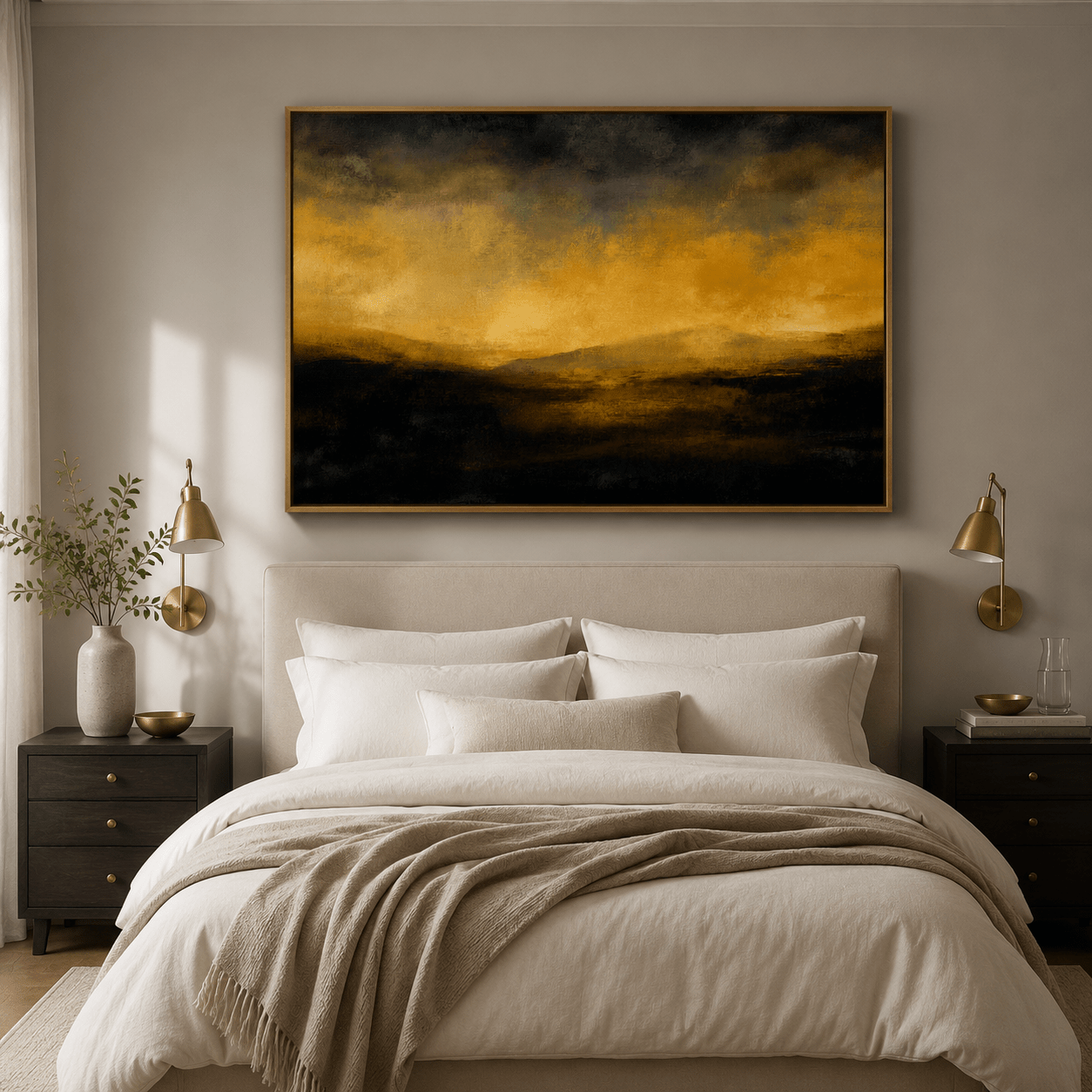 Black and gold landscape wall art — Ember Horizon above a bedroom bed