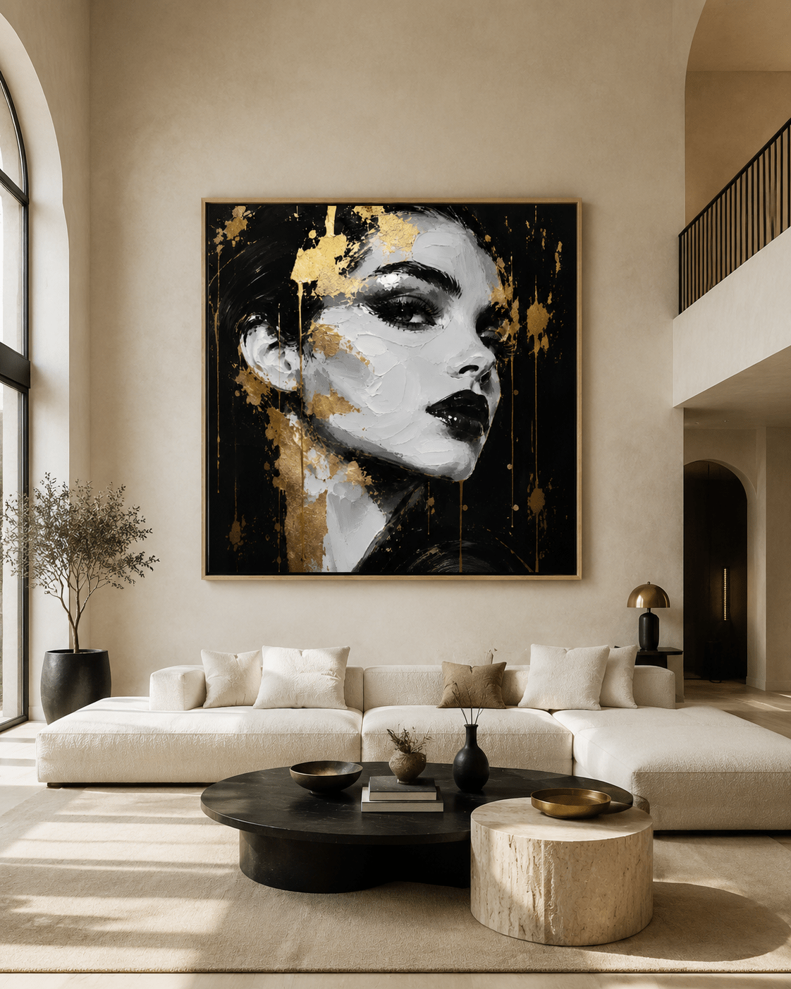 Black and gold painting canvas print in an oak floater frame above a living room sofa — Gilded Muse by Rossetti Art