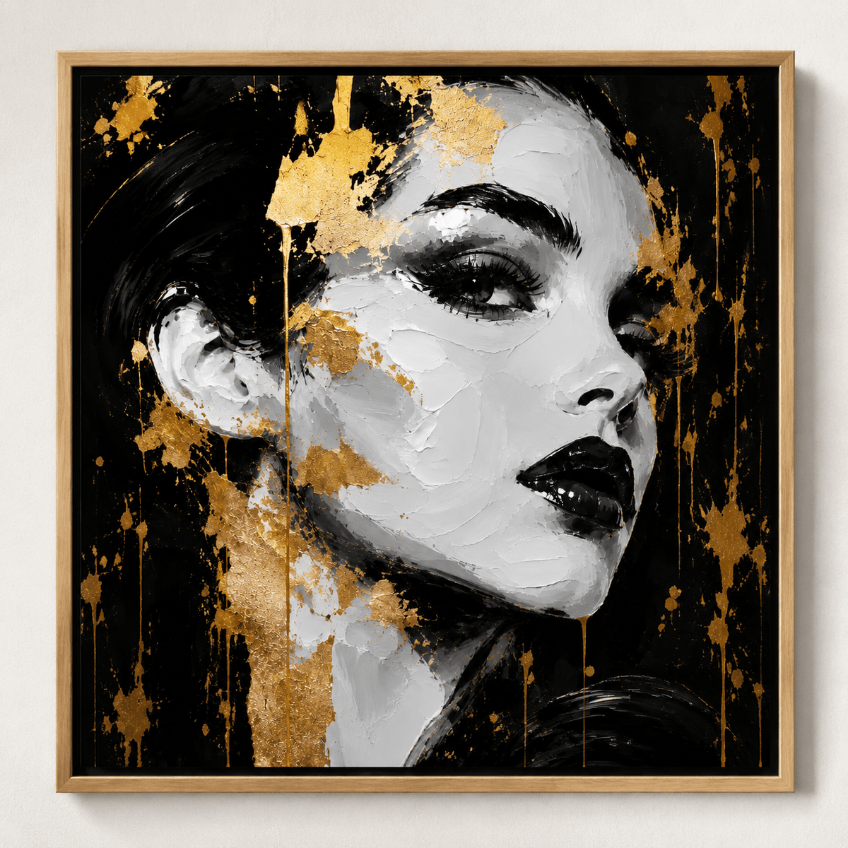 Black and gold painting of a woman's profile in monochrome with metallic gold accents, framed in oak — Gilded Muse by Rossetti Art