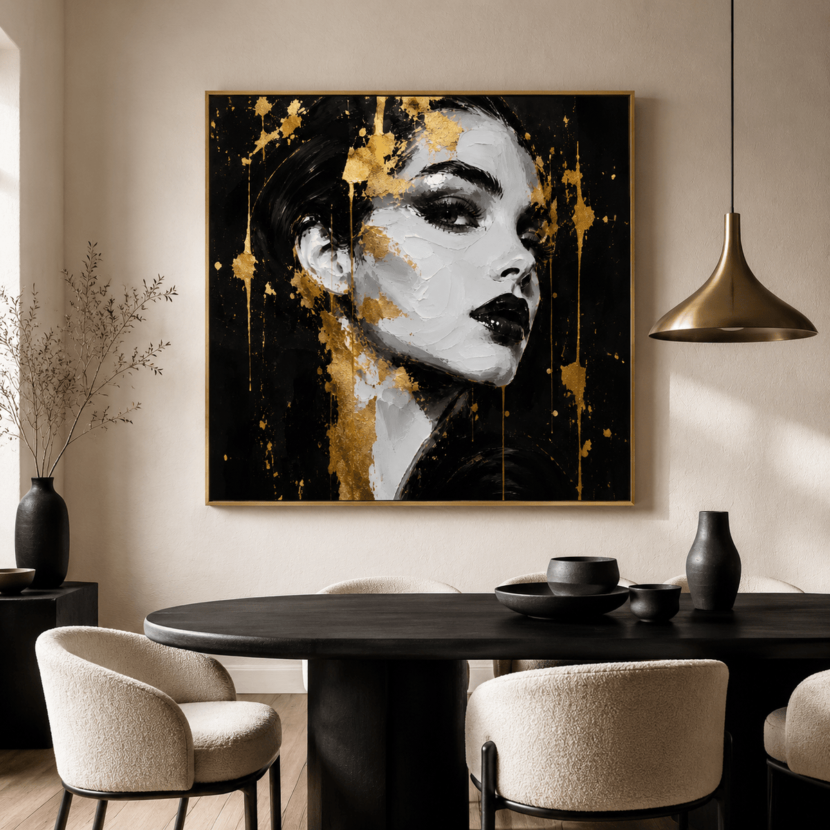 Black and gold painting canvas print in a gold frame above a dining room table — Gilded Muse by Rossetti Art