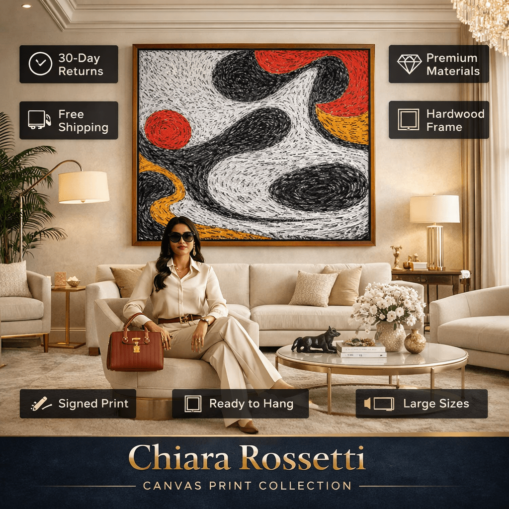 Black and White Abstract Canvas Print with Ochre and Red
