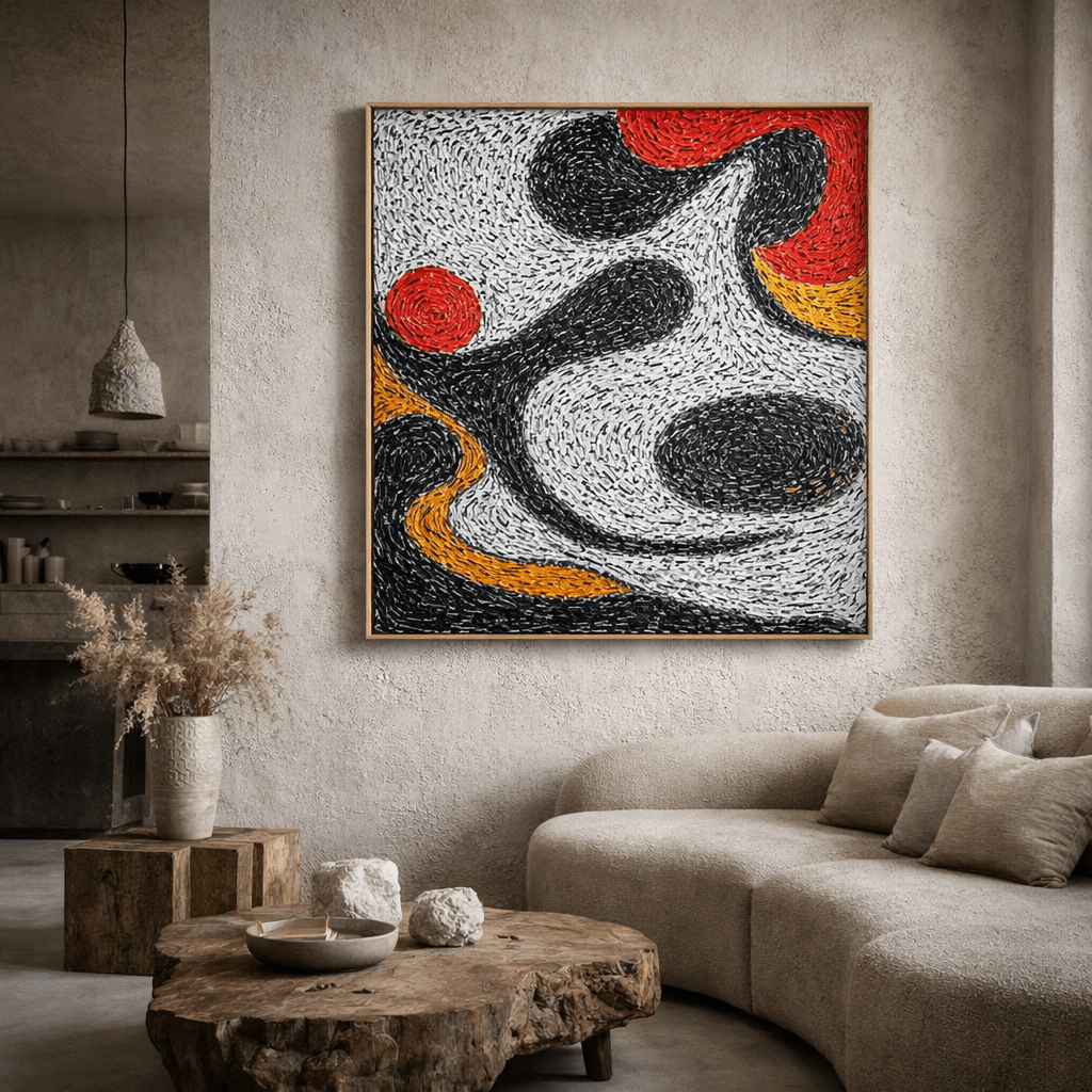 Black and White Abstract Canvas Print with Ochre and Red