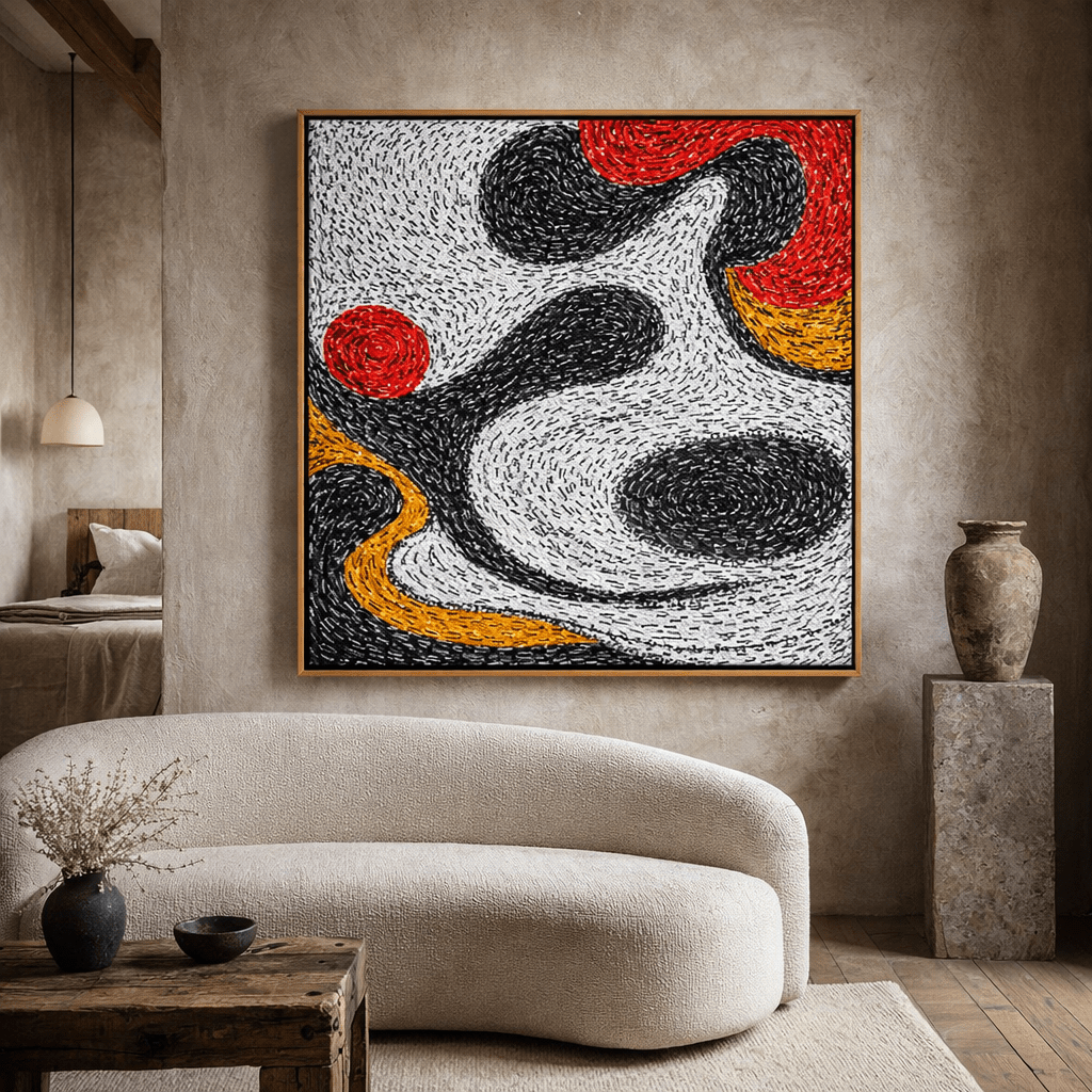 Black and White Abstract Canvas Print with Ochre and Red