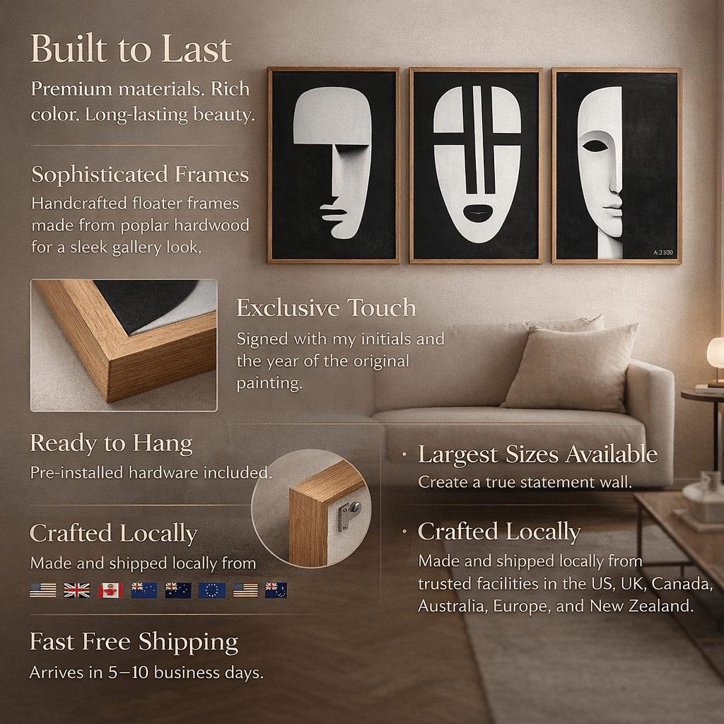 Black and White Abstract Face Canvas Set of 3 | Echoes of Form by Rossetti Art