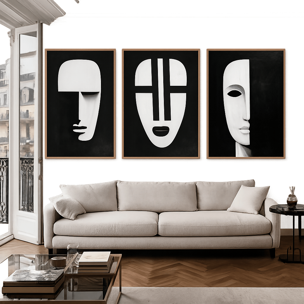 Black and White Abstract Face Canvas Set of 3 | Echoes of Form by Rossetti Art