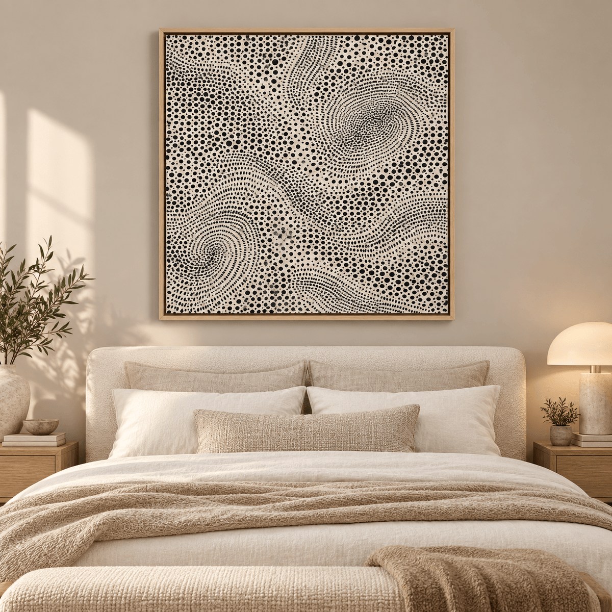 Black and white abstract dotted canvas print in an oversized oak floater frame above a neutral living room sofa — Dotted Currents by Rossetti Art